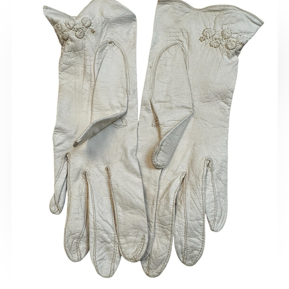 VINTAGE White Leather Kid Gloves Driving Women’s Washable Size 6.5 SM Costume